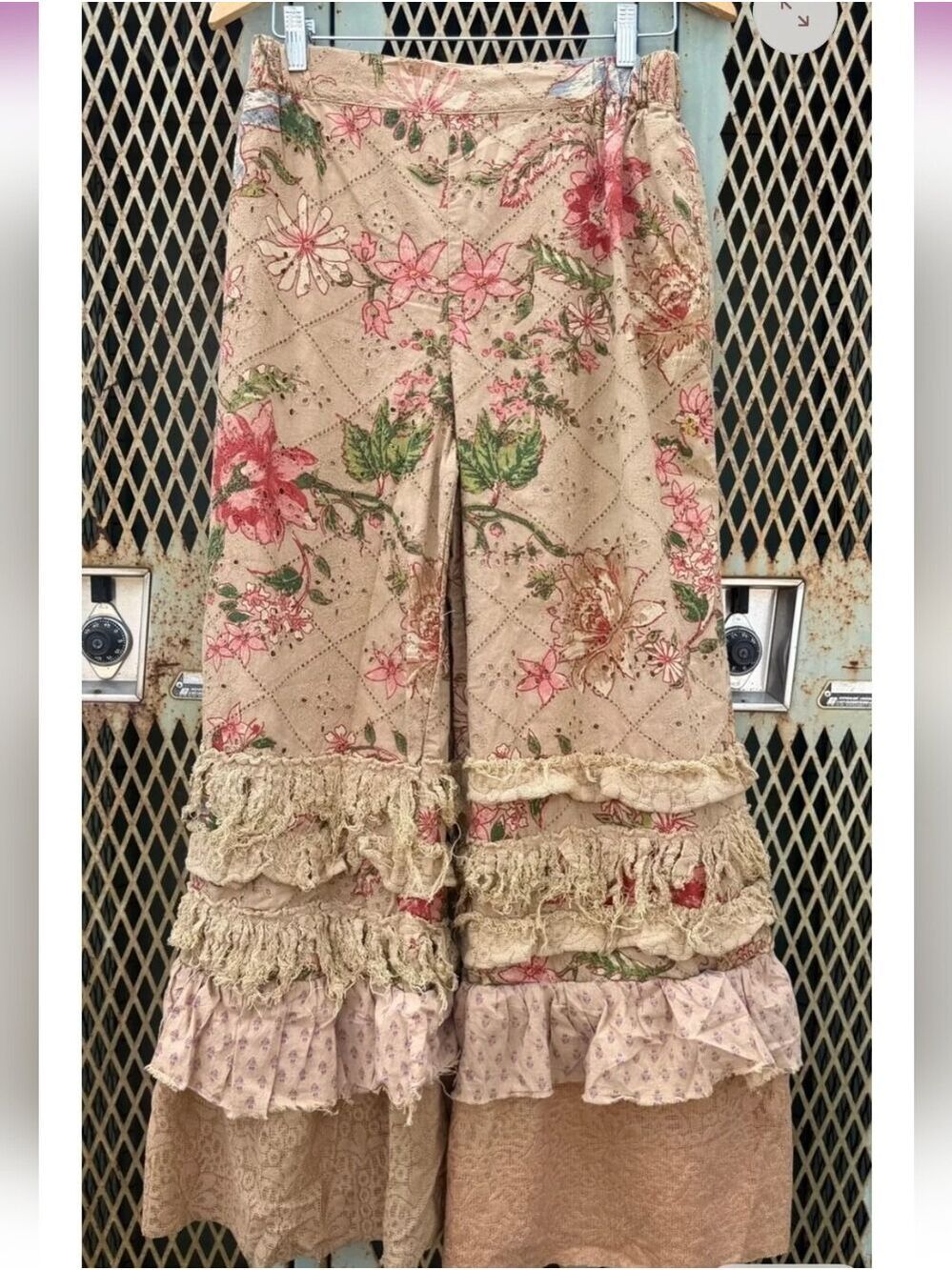 A Rare Bird NWT 100% Cotton Women's Wide Leg Boho Ruffle Pants - Beige Floral - Picture 13 of 13